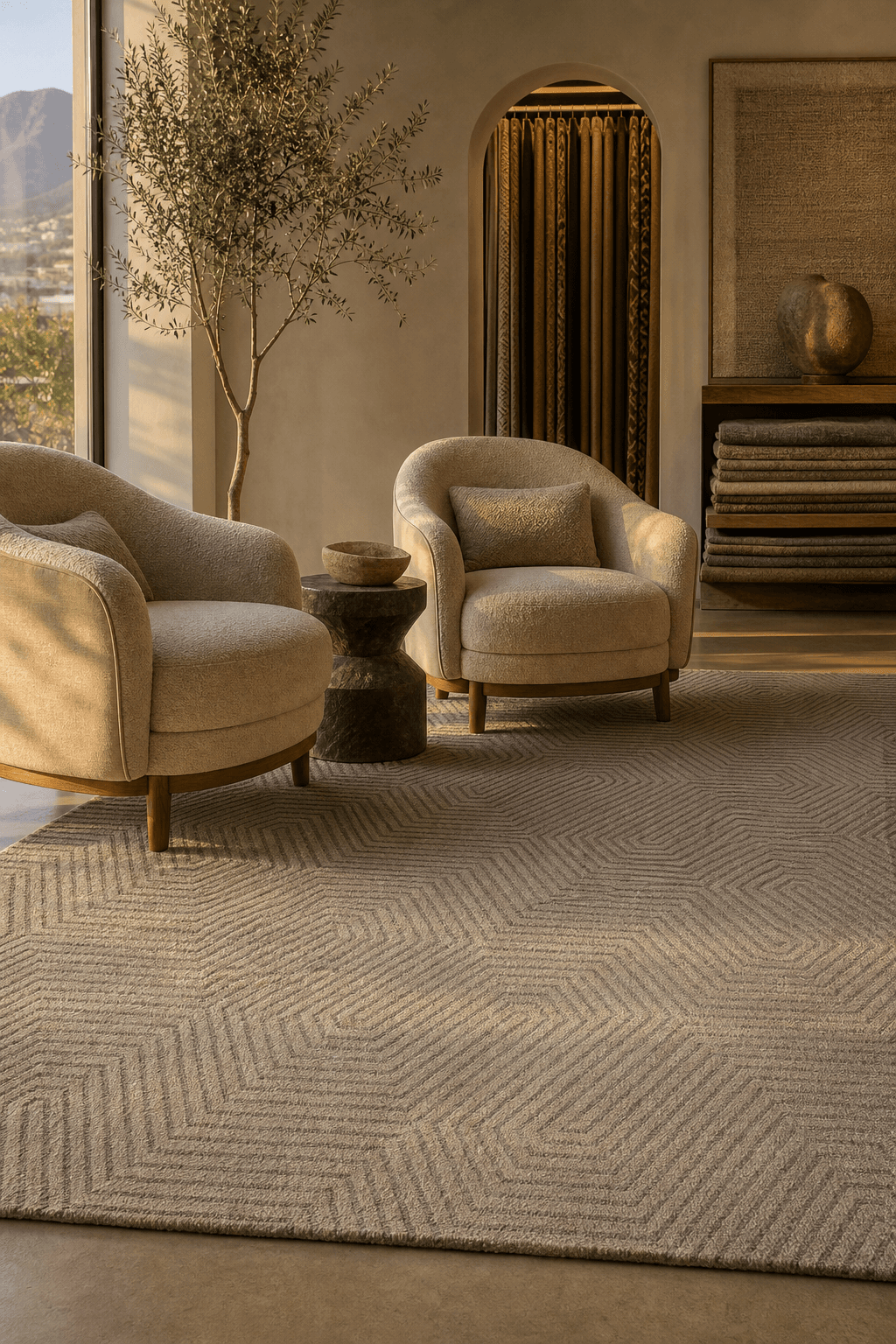A hand-tufted wool rug grounding a welcoming sitting area in the Mae Artisan Rugs showroom