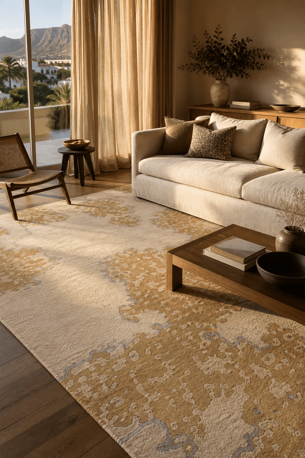 A hand-tufted wool rug in golden tones anchoring a warm, lived-in Cape Town lounge