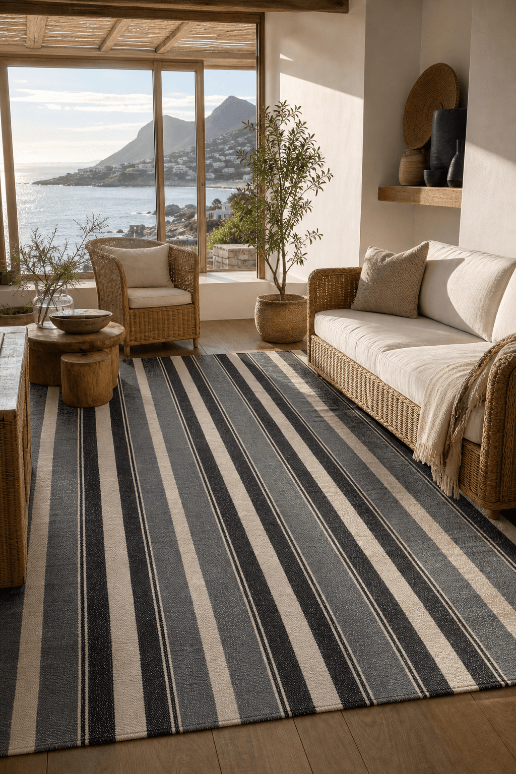 A hand-woven wool kelim flatweave in coastal blue anchoring an airy Cape Town living room