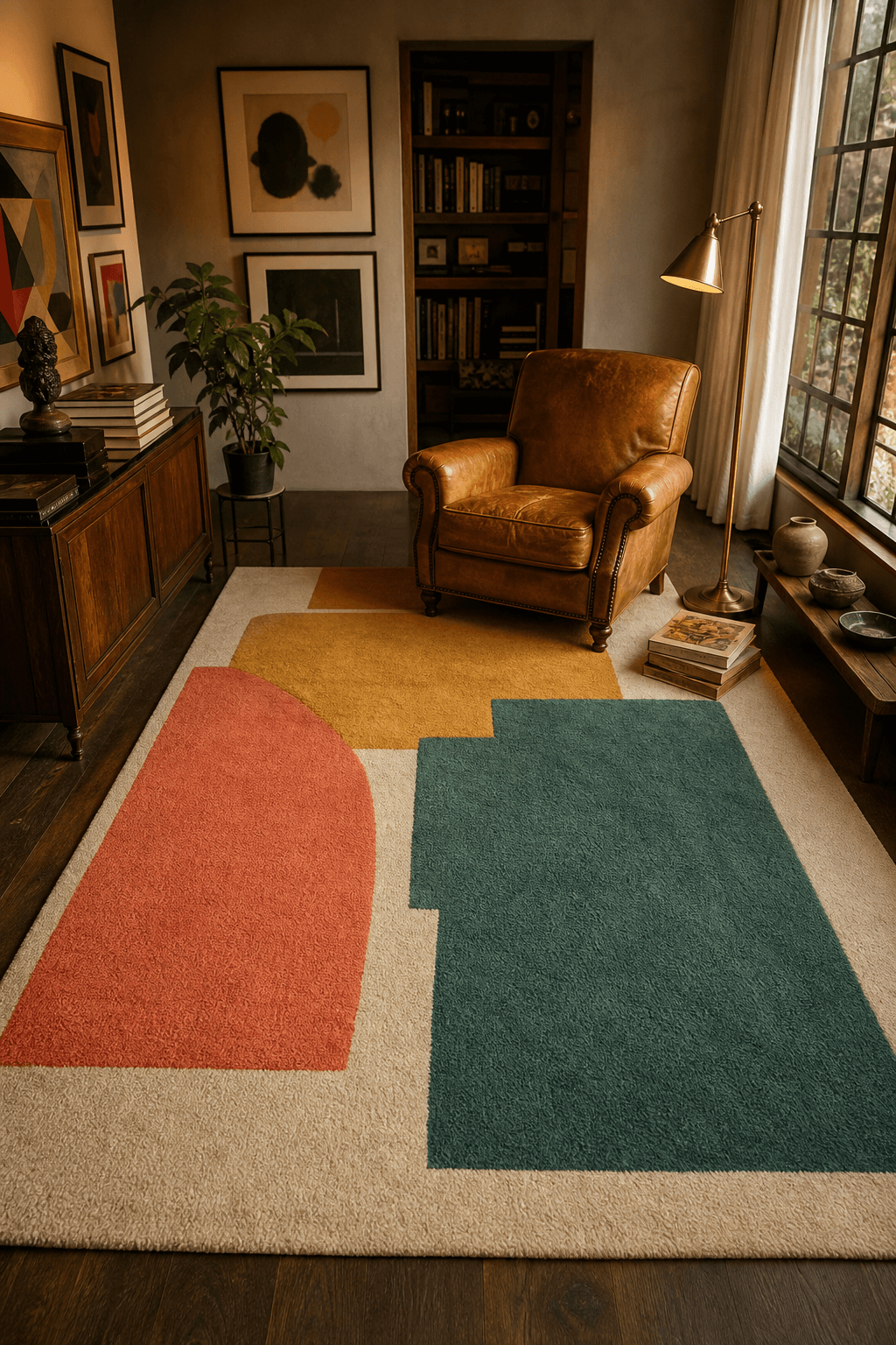 Bold, colourful contemporary art rug anchoring a styled Cape Town room