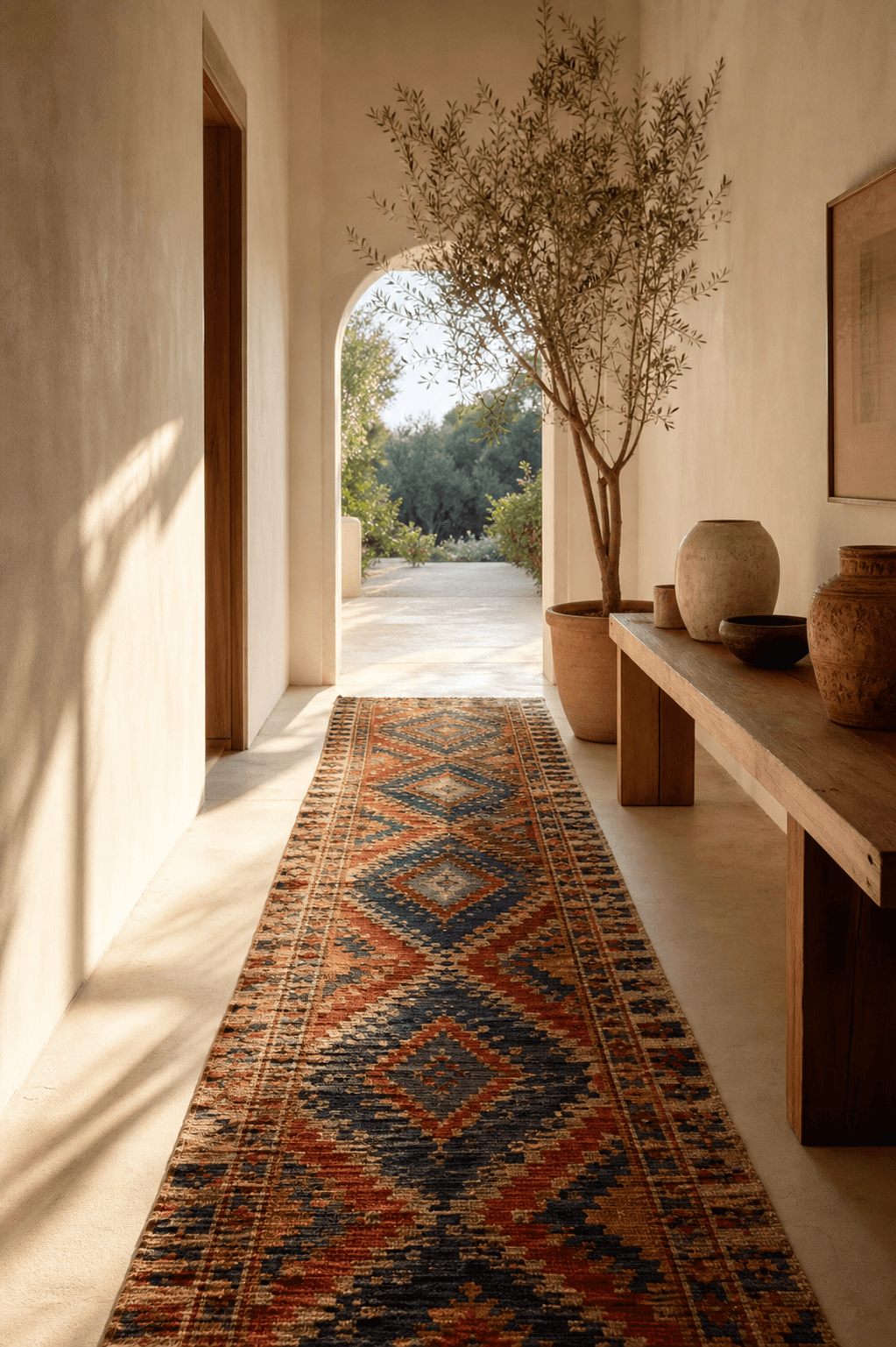 Bold, colourful contemporary art rug anchoring a styled Cape Town room