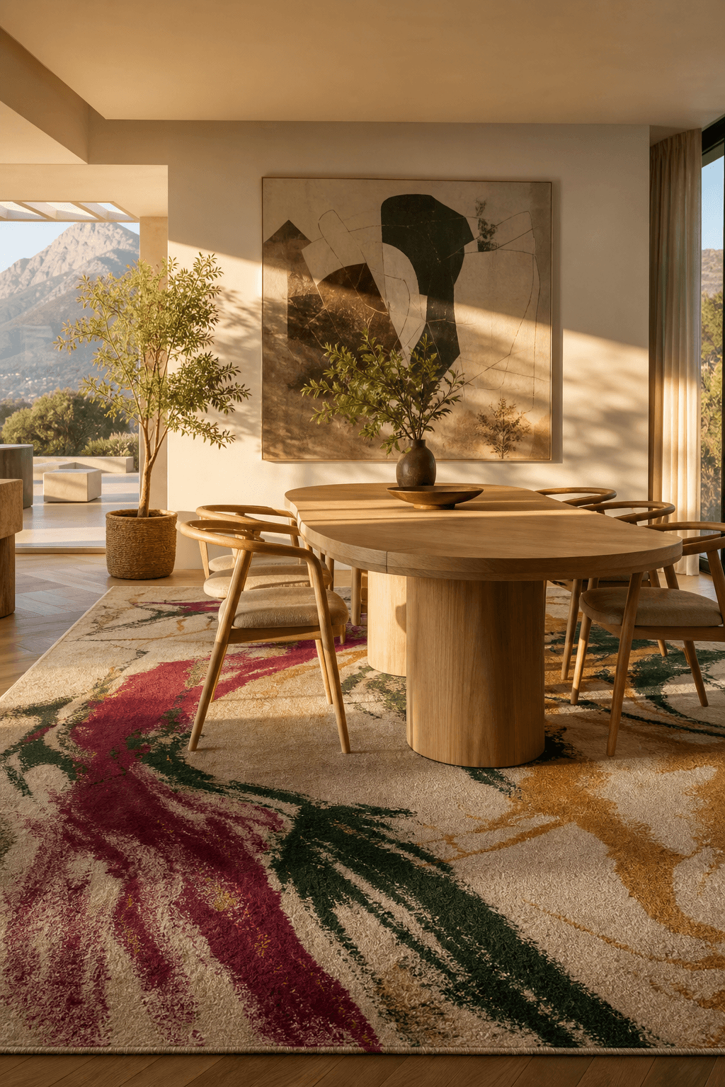 Bold, colourful contemporary art rug anchoring a styled Cape Town room
