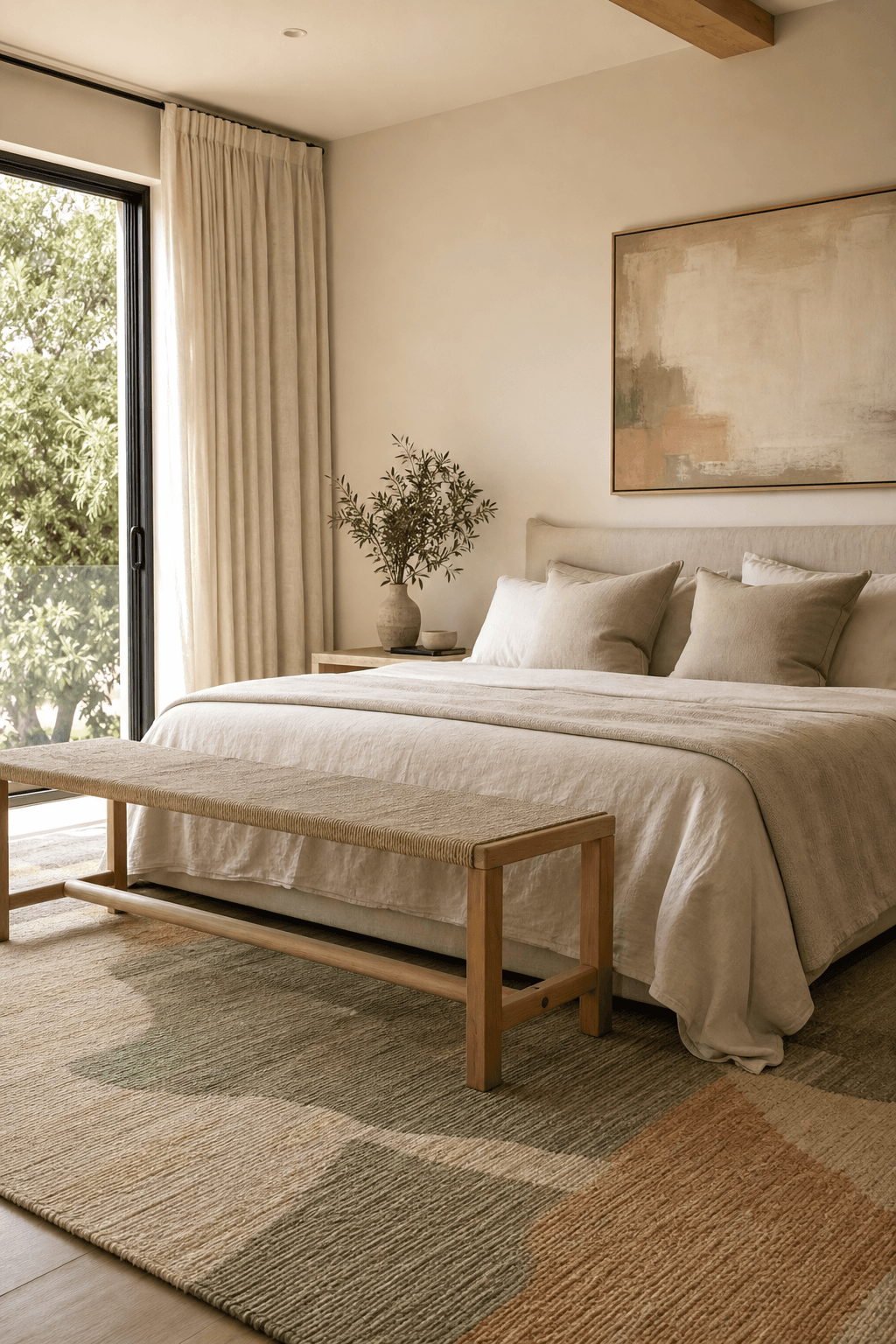 Hand-knotted, vintage-inspired bespoke rug in a warmly styled room