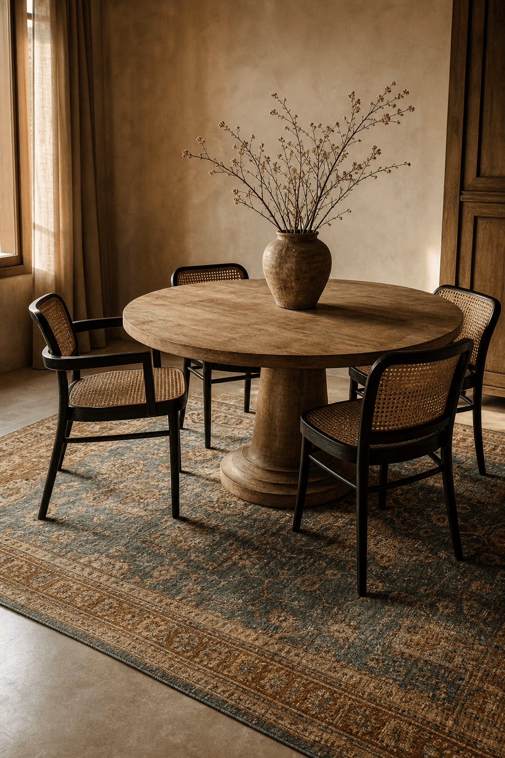 Hand-knotted, vintage-inspired bespoke rug in a warmly styled room