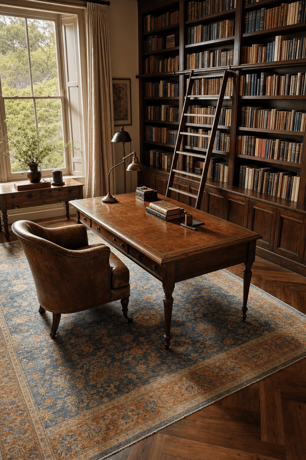 Hand-knotted, vintage-inspired bespoke rug in a warmly styled room