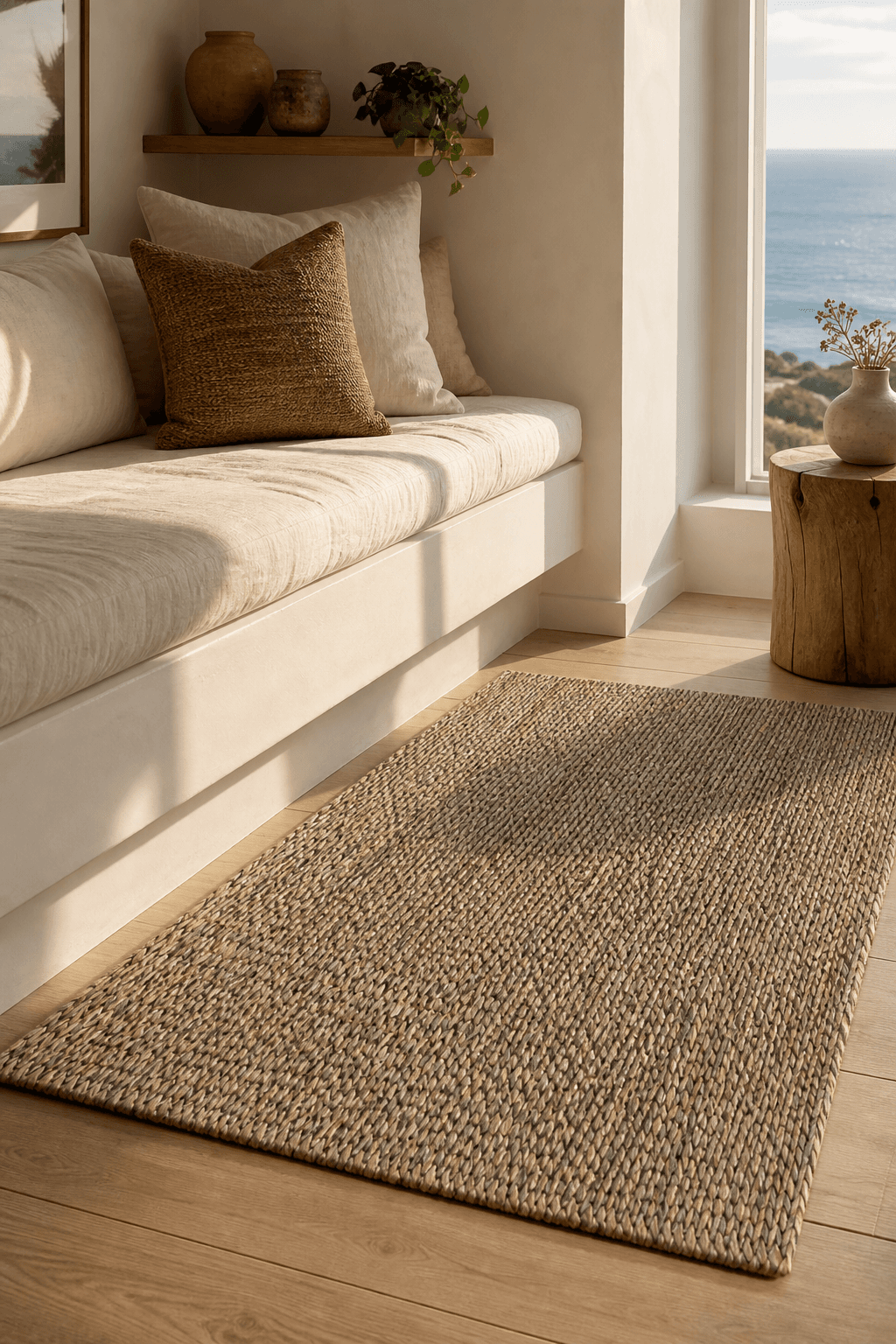 A natural jute rug with chunky woven texture grounding a coastal Scandinavian nook in Cape Town