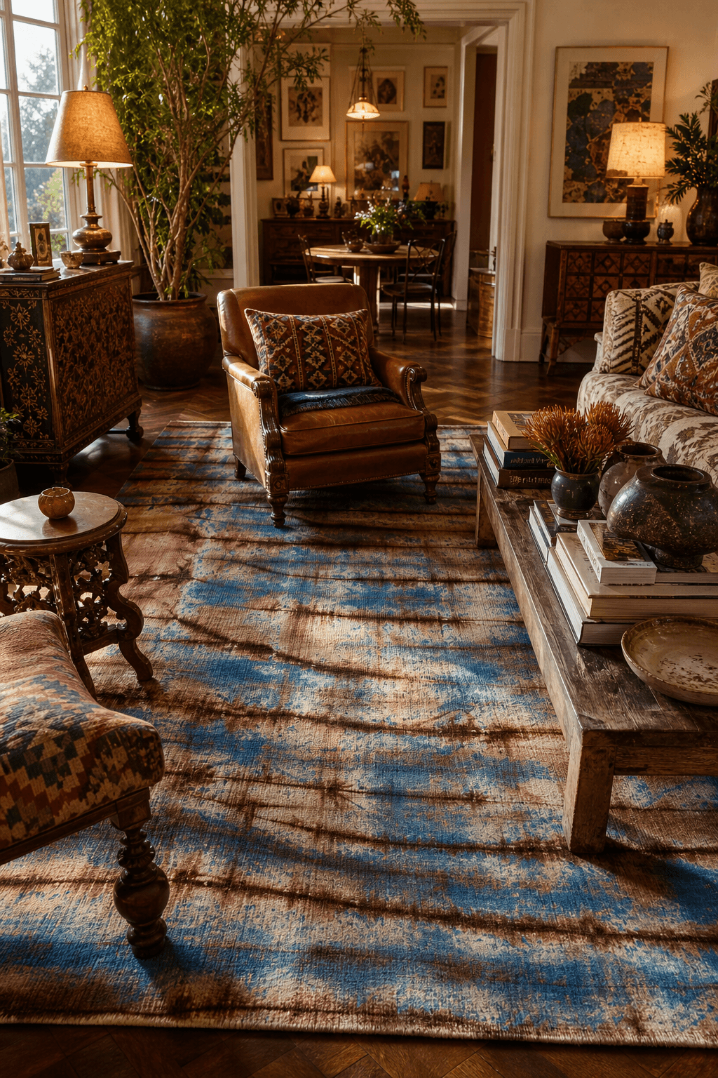 A hand-woven wool kelim flatweave anchoring an eclectic maximalist living room in Cape Town