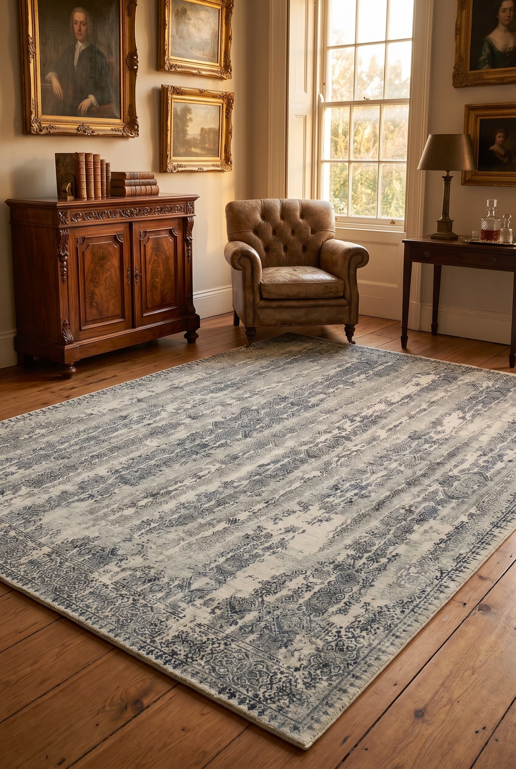 A hand-knotted vintage art-collection rug grounding a refined drawing room in Cape Town