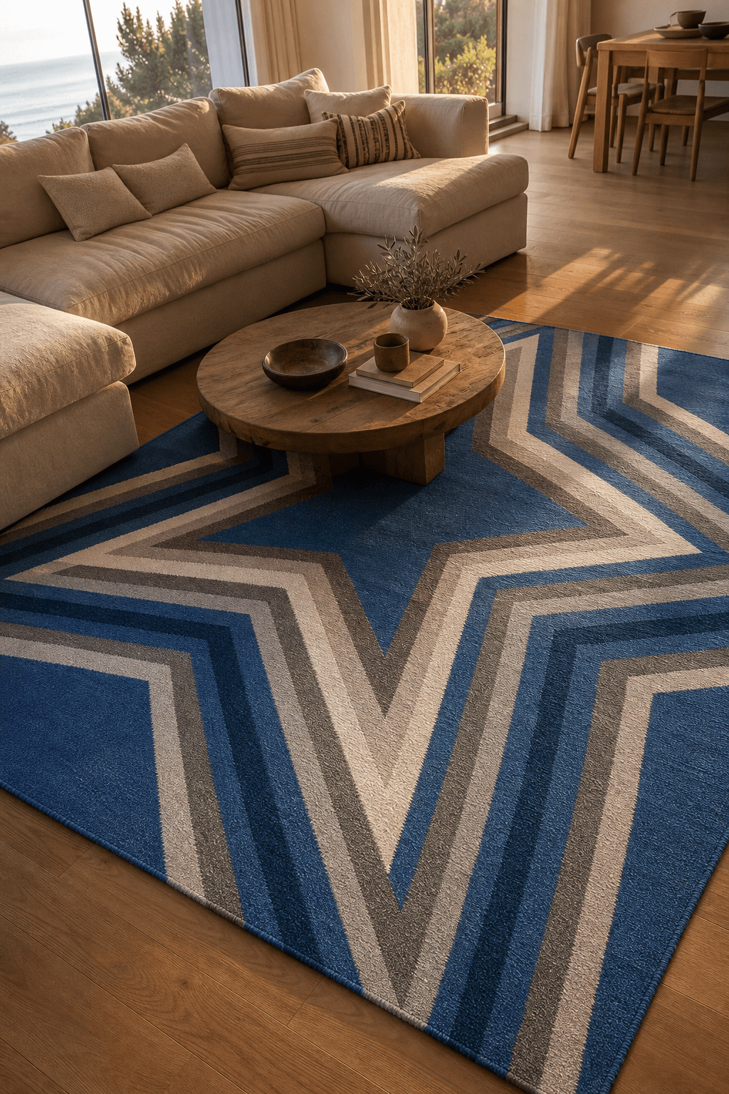 A richly textured hand-made wool rug with a bold star motif anchoring a warm family living room