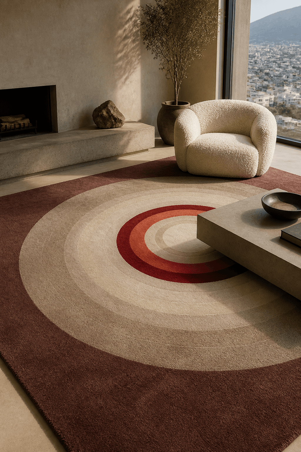 A hand-tufted wool rug with soft plush pile grounding a calm minimalist lounge