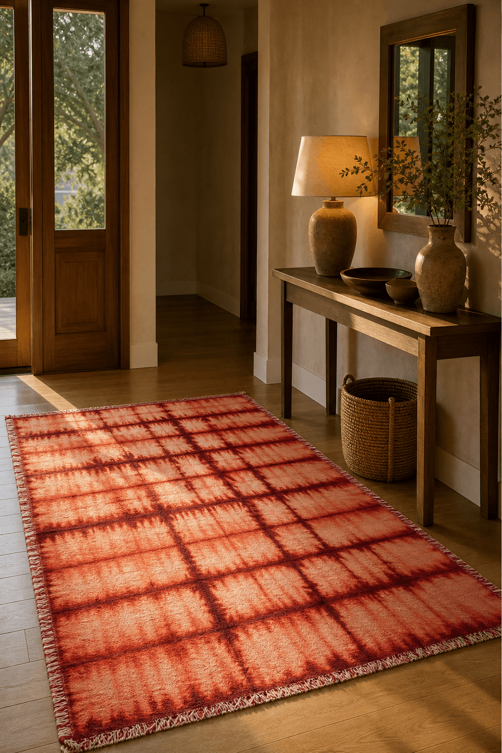 A hand-woven wool kelim flatweave with visible woven texture warming a sunlit entry hall
