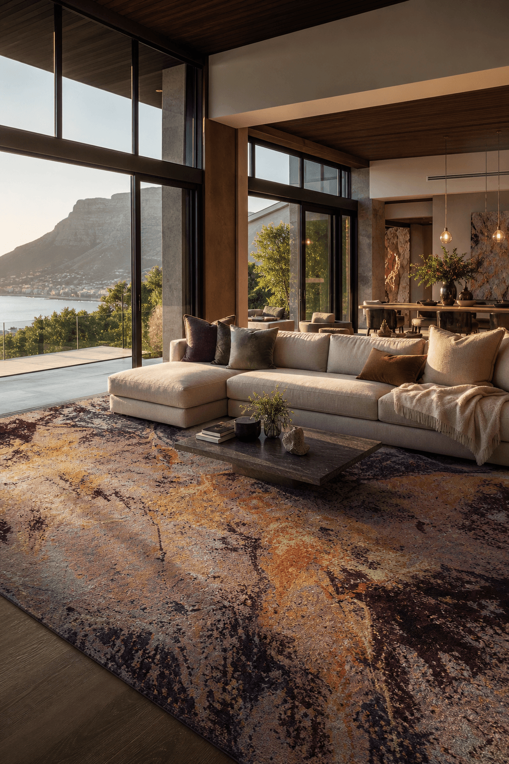 A hand-knotted art-collection rug with a dense luxurious pile anchoring a grand open-plan Cape Town living room