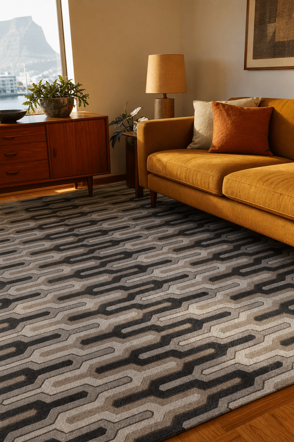 A hand-tufted wool rug (2.5m x 3.5m) anchoring a warm mid-century Cape Town lounge