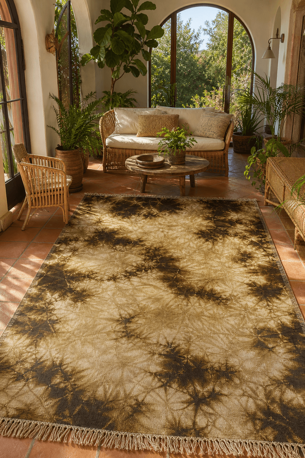 A hand-woven wool kelim flatweave (2.4m x 1.7m) in a Mediterranean Cape Town sunroom