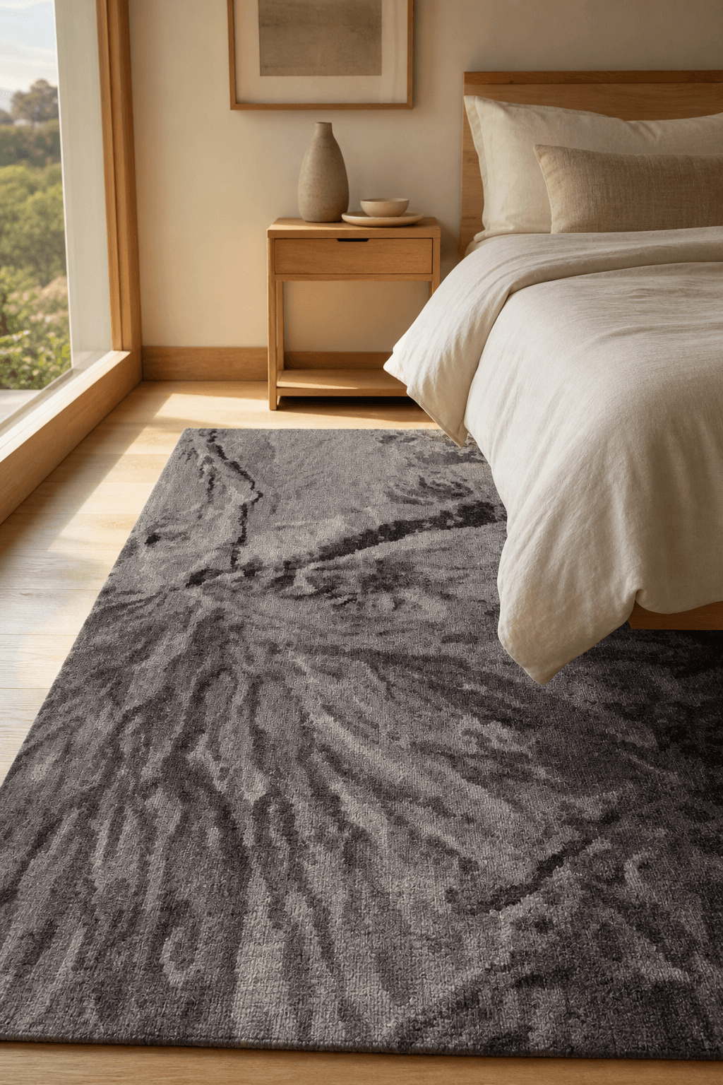 A hand-knotted art-collection rug (2.5m x 3m) in a calm Scandinavian Cape Town bedroom