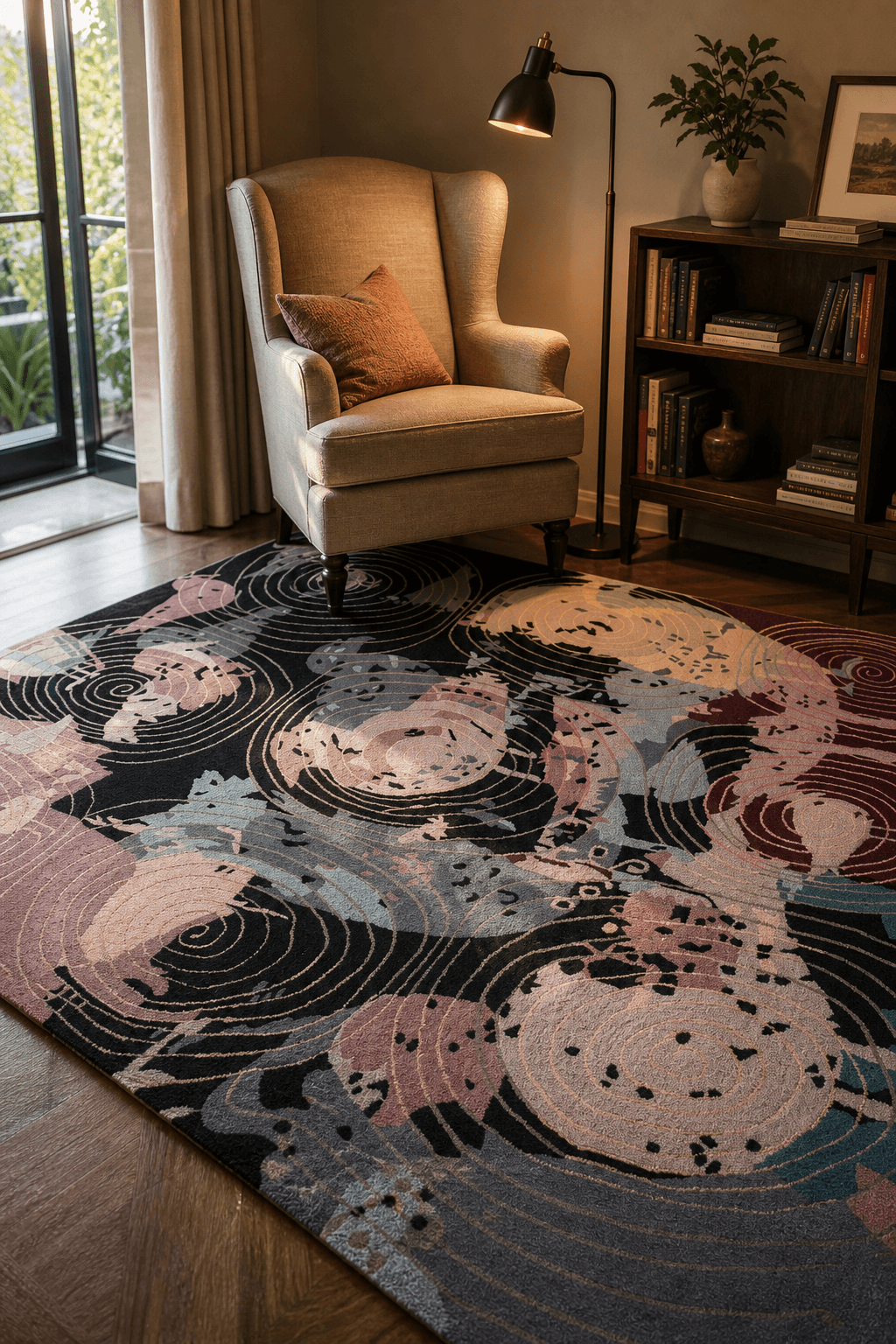 A hand-tufted wool rug (2m x 3m) anchoring a cosy reading corner in a warm Cape Town home