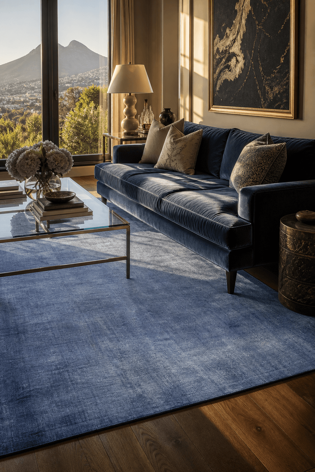 A hand-knotted bamboo-silk rug with a silky sheen (2.5m x 3m) in a formal Cape Town living room