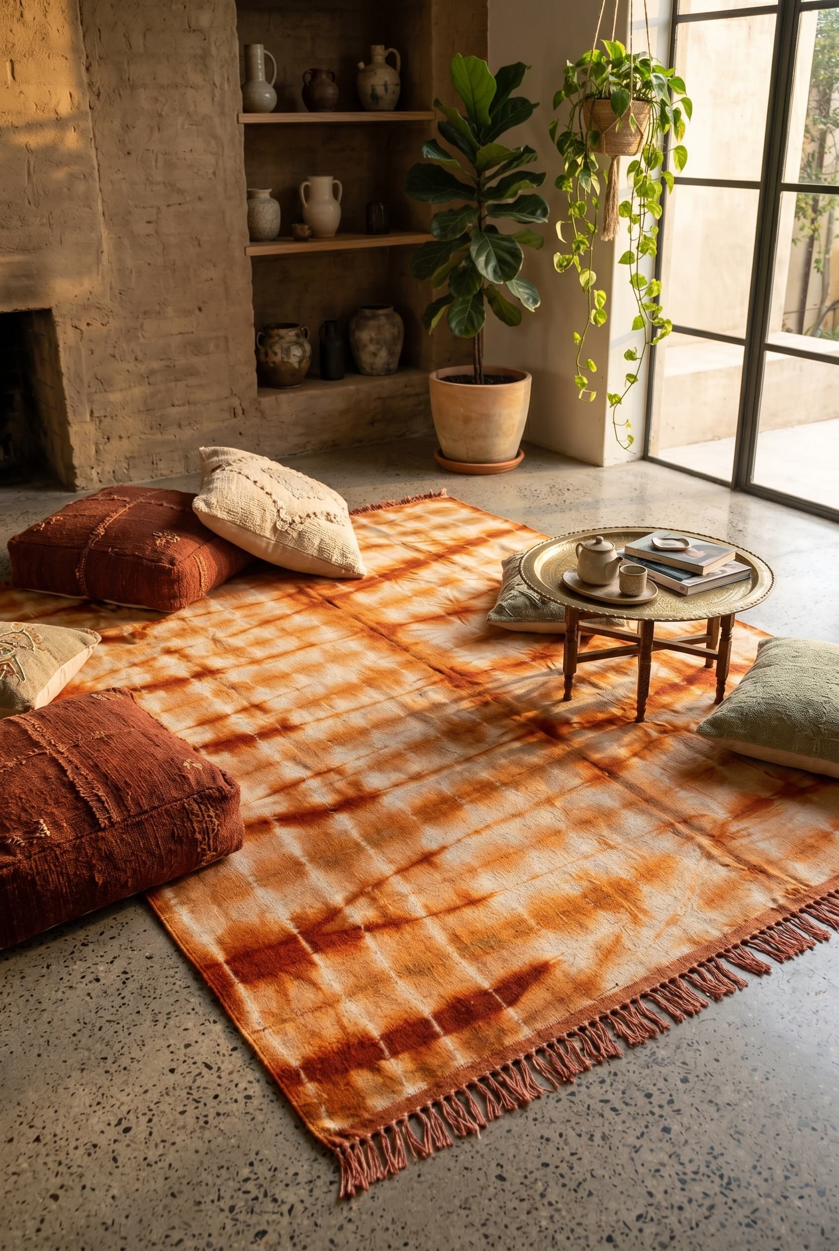 A hand-woven wool kelim flatweave (2.4m x 1.7m) anchoring a bohemian Cape Town corner