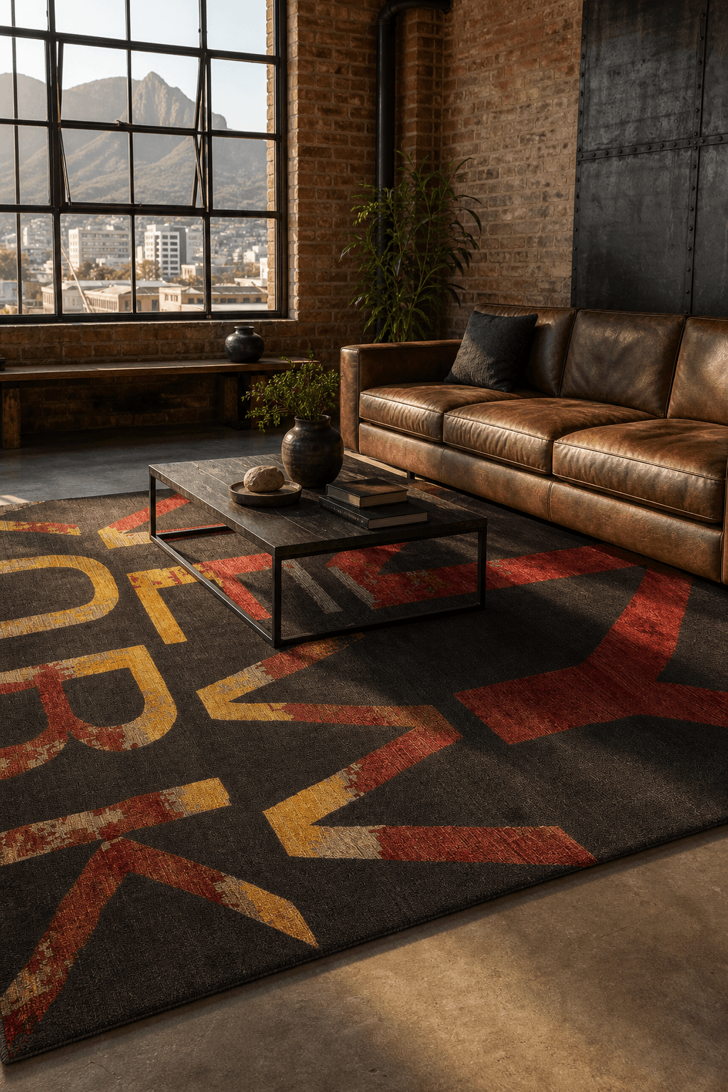 A hand-knotted art-collection rug (2.5m x 3m) anchoring an industrial Cape Town loft