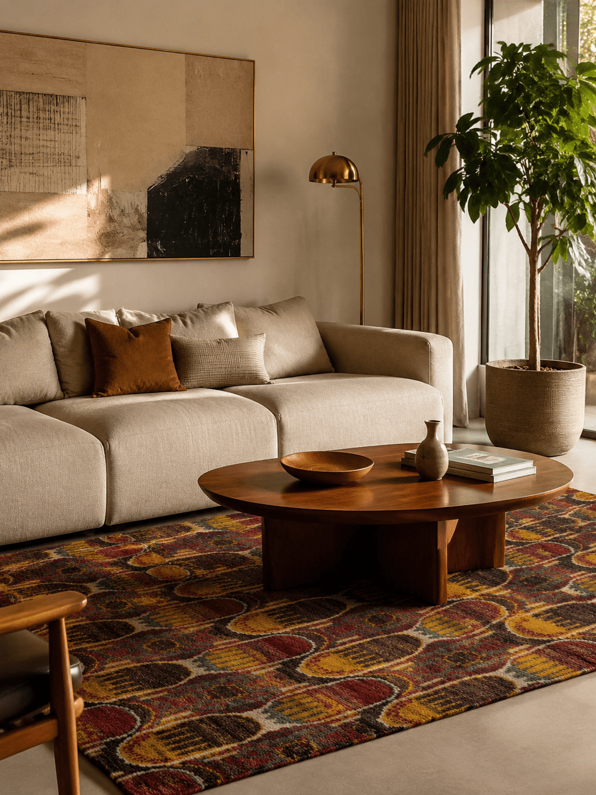 A Mae Artisan Rug anchoring a warm Cape Town living room