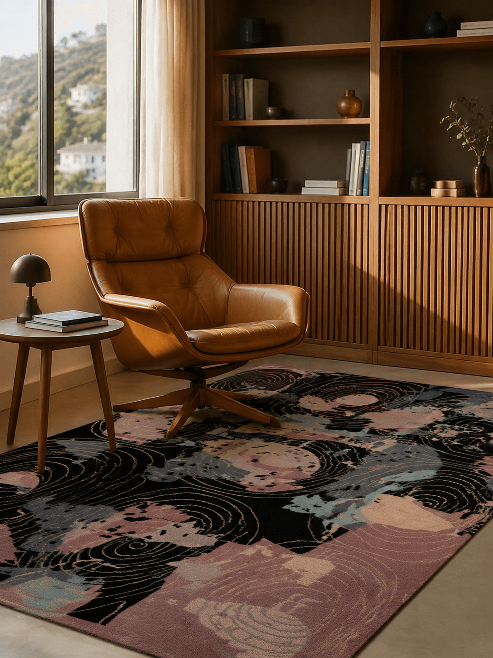 A bold contemporary Mae rug in a sunlit reading corner