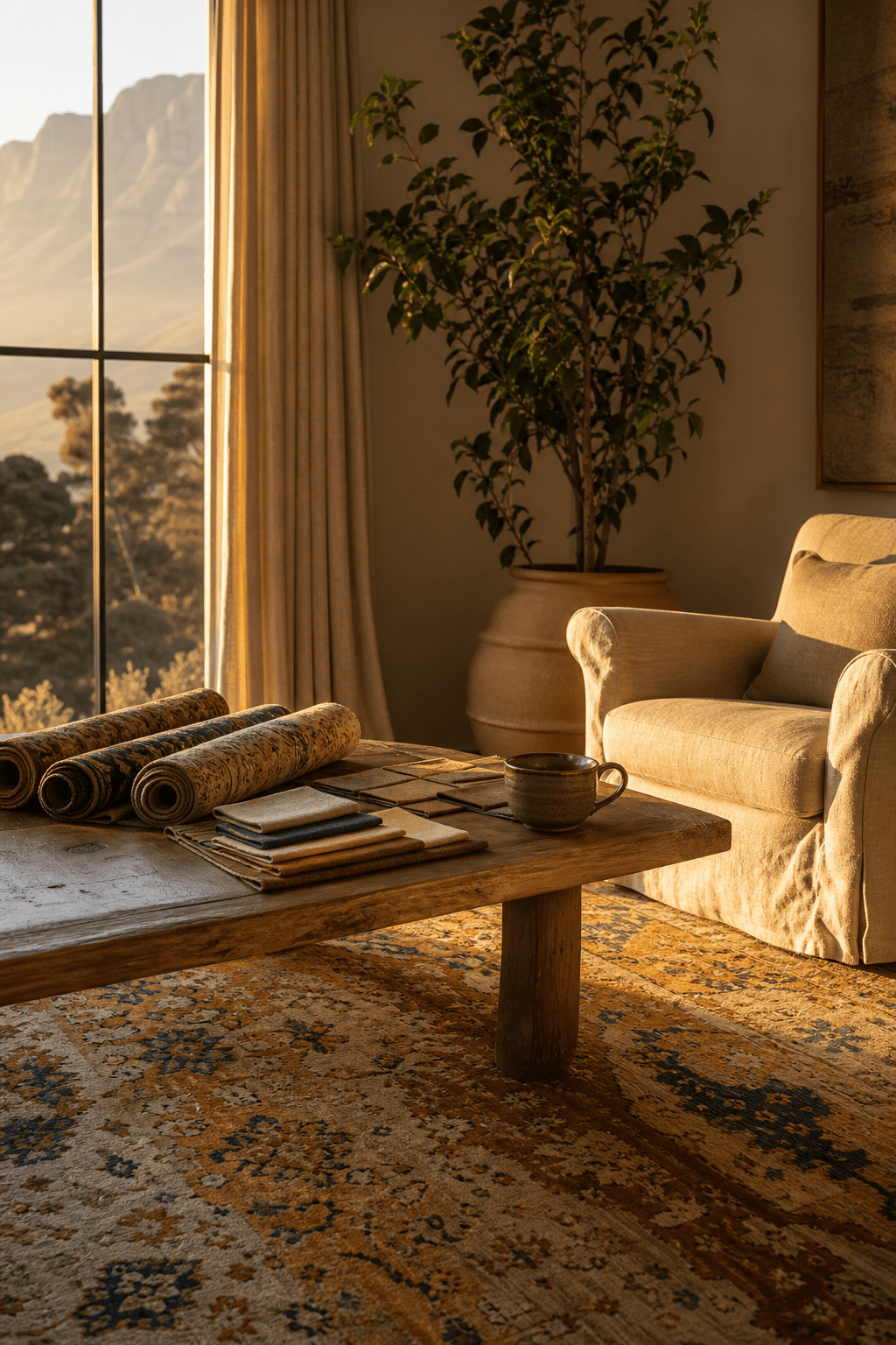 A Mae rug with design samples and swatches in a warm Cape Town consultation setting