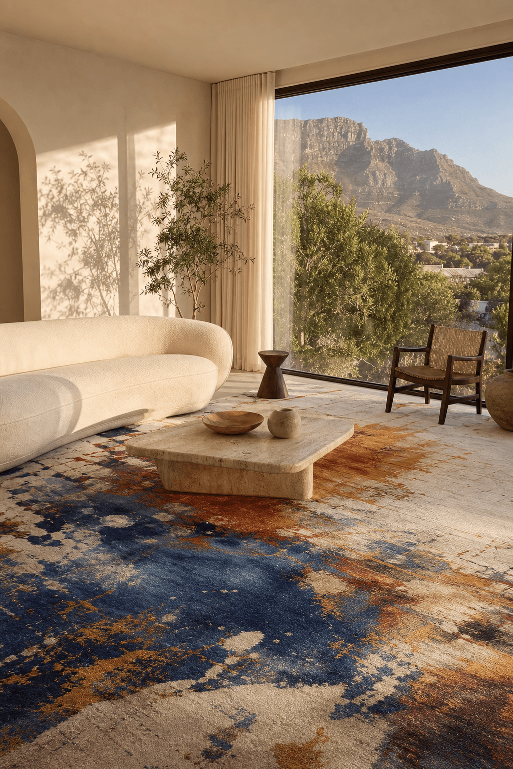 Bold, colourful contemporary art rug anchoring a styled Cape Town room