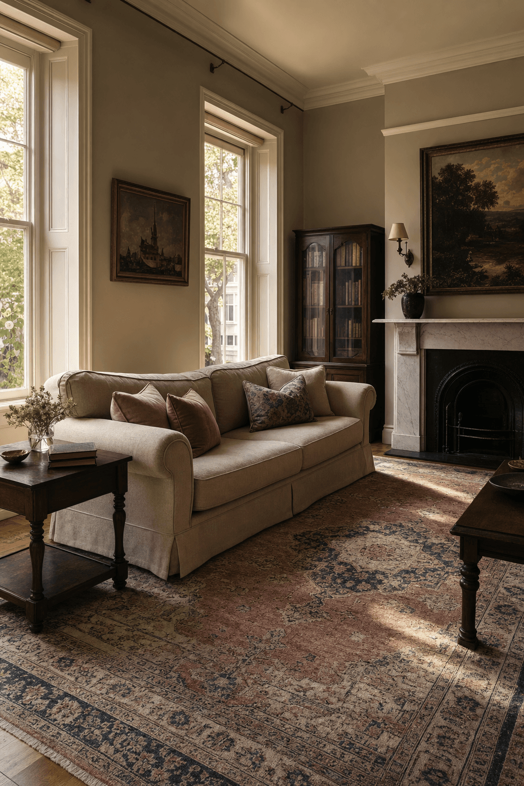 Hand-knotted, vintage-inspired bespoke rug in a warmly styled room