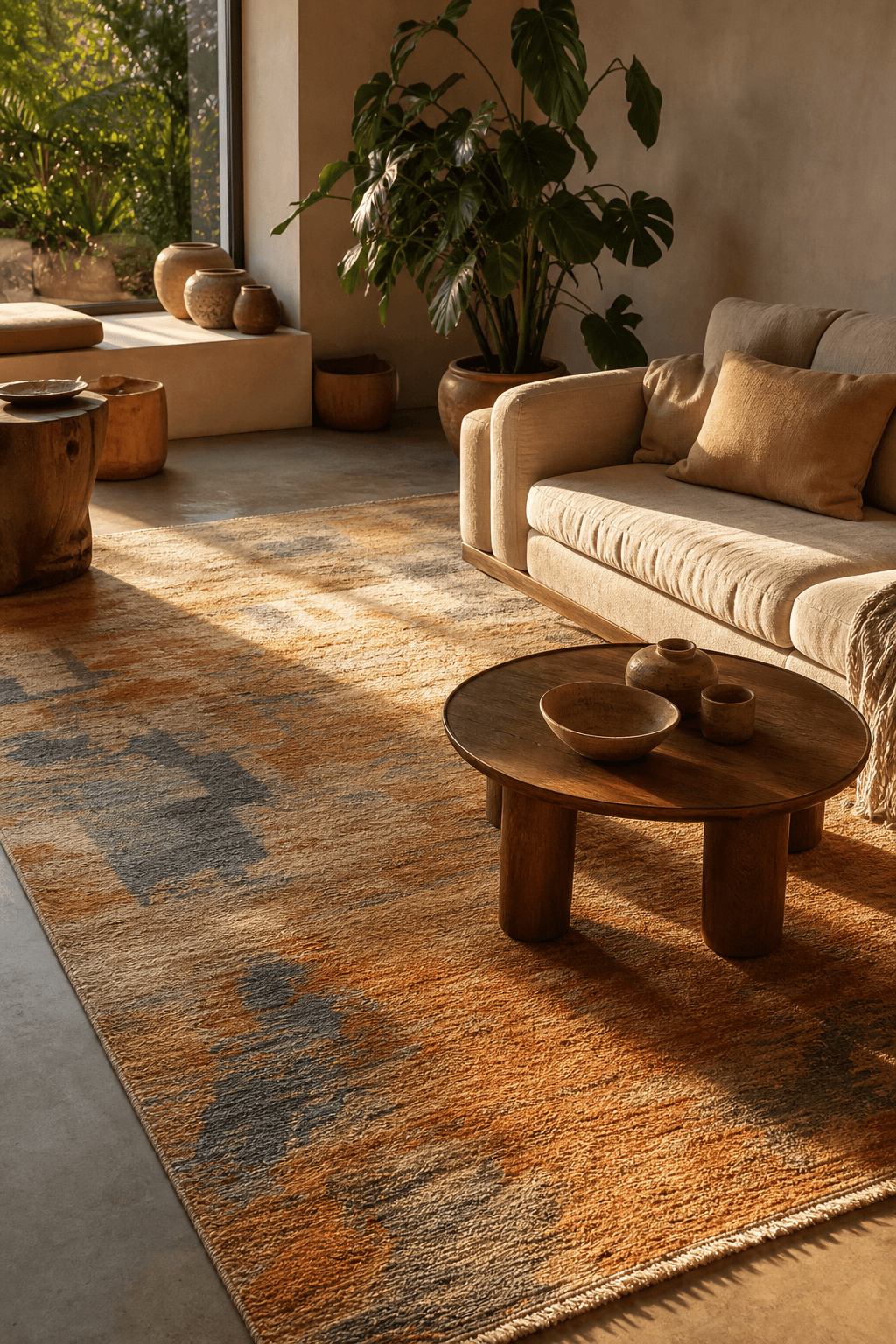 A hand-made Mae rug anchoring a warm, lived-in Cape Town living room