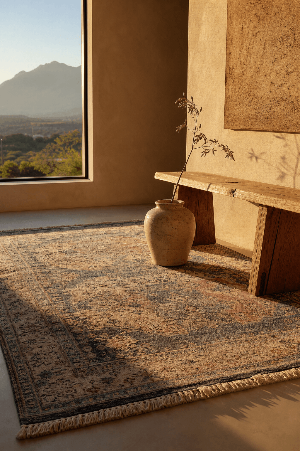A hand-knotted Mae rug with visible pile and fringe in a warm Cape Town room