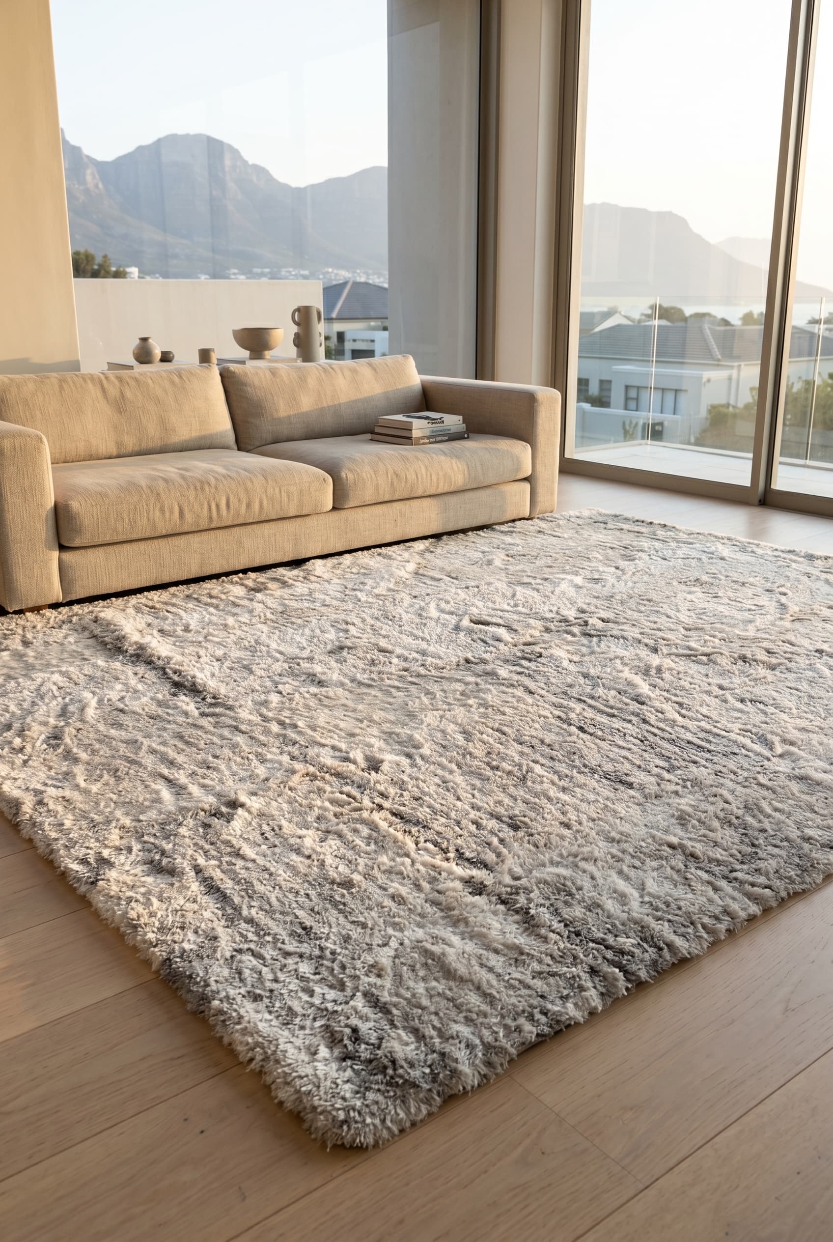 A plush hand-tufted rayon shaggy rug, 3m x 4m, anchoring a contemporary minimalist living room in soft daylight