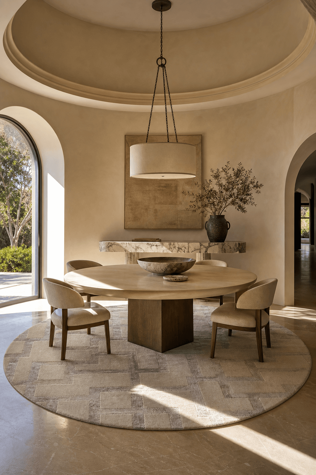 A hand-tufted wool round rug, 3.2m round, grounding a sculptural entryway