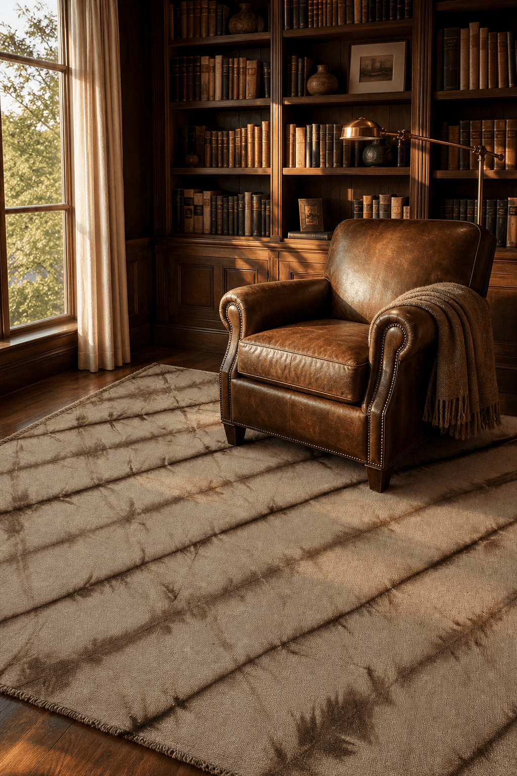 A hand-woven wool kelim flatweave, 2.5m x 3m, in a warm traditional study