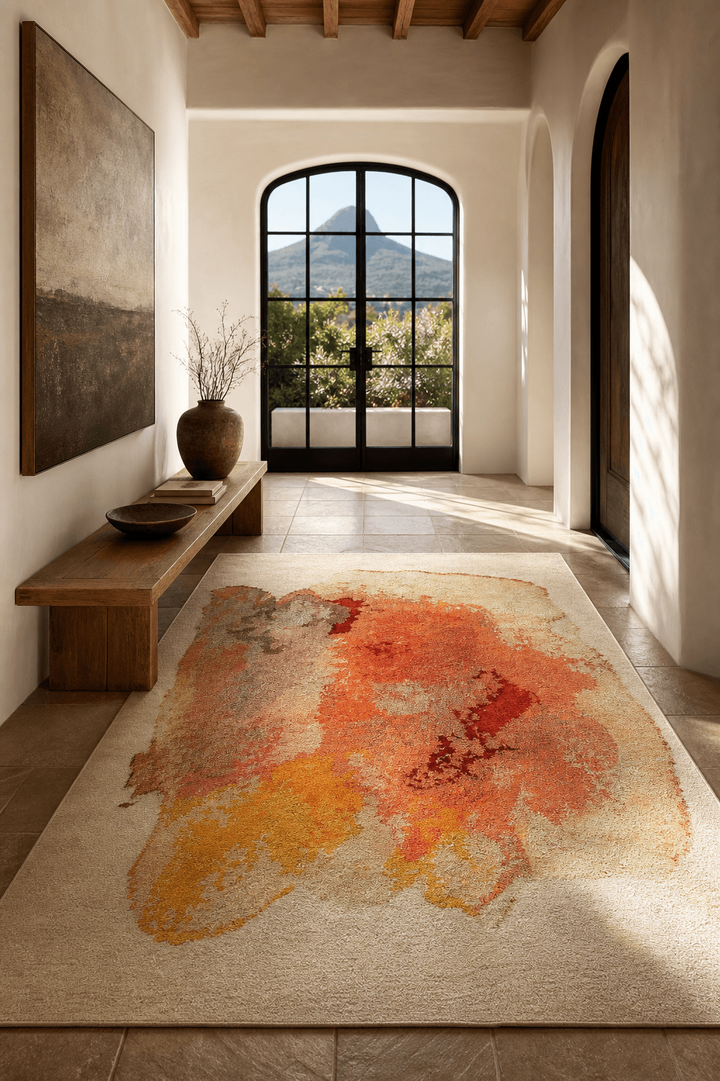 A hand-knotted art-collection rug, 2m x 3m, in a gallery-like hallway